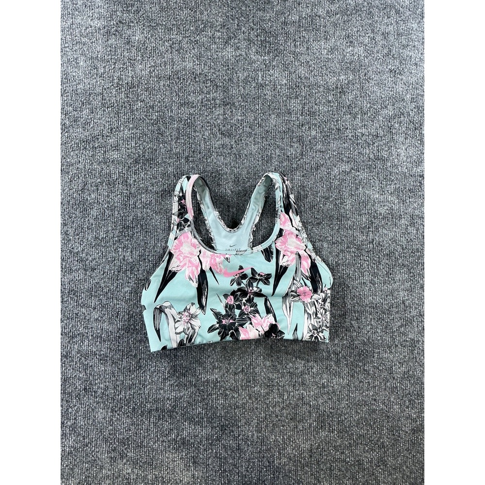 Nike Dri-FIT Floral Racerback Sports Bra Aqua Pink Black Small